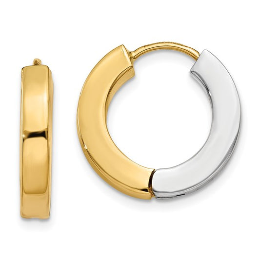 14k yellow  white gold two tone classic hinged hoop huggie earrings 16mm x 3mm