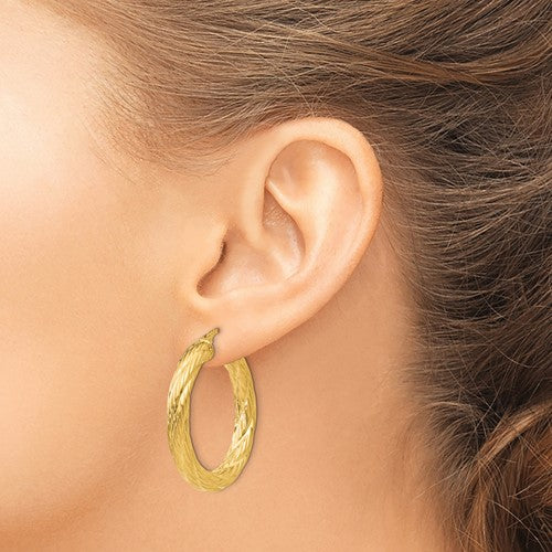 14K Yellow Gold Textured Round Hoop Earrings 33mm x 4.5mm