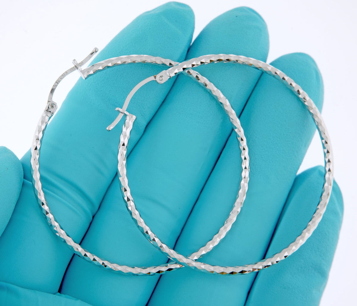 sterling silver rhodium plated diamond cut classic round hoop earrings 45mm x 2mm