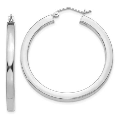 14k white gold square tube round hoop earrings 35mm x 3mm