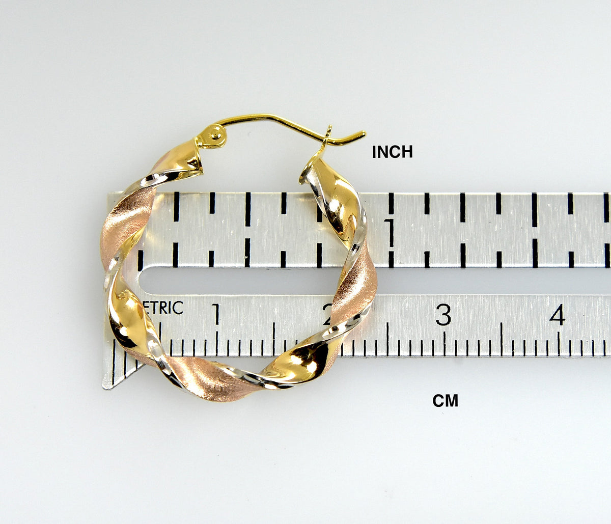 14k gold tri color twisted round hoop earrings
