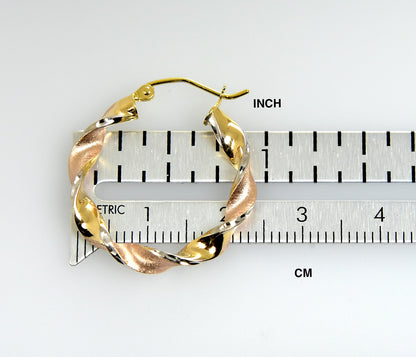 14k gold tri color twisted round hoop earrings