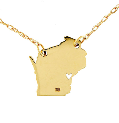 14k gold 10k gold silver wisconsin wi state map necklace heart personalized city