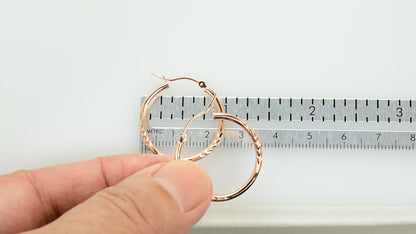 14K Rose Gold Diamond Cut Classic Round Textured Satin Hoop Earrings 25mm x 2mm