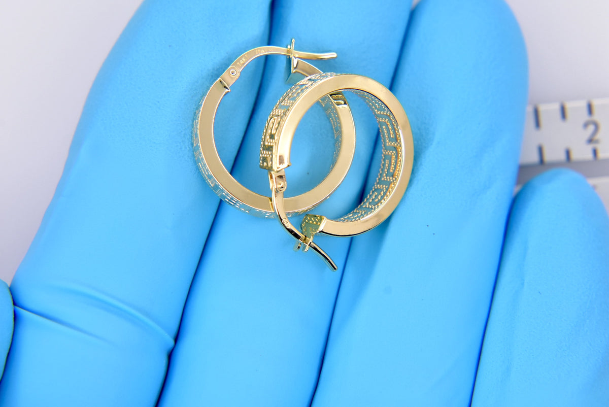 14k yellow gold greek key square tube round hoop earrings