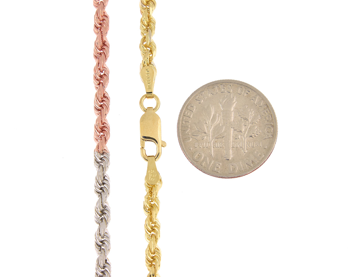 14k yellow white rose gold tri color 3mm diamond cut rope bracelet anklet choker necklace chain