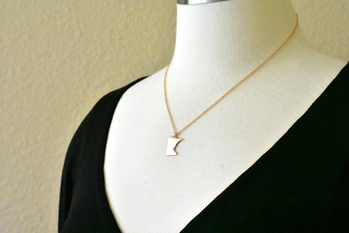 14k 10k yellow rose white gold diamond silver minnesota mn state map personalized city necklace