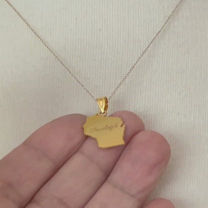 14K Gold or Sterling Silver Wisconsin WI State Map Pendant Charm Personalized Monogram