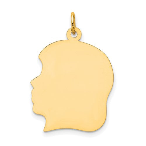 10k solid yellow gold 20mm girl facing left head silhouette engravable disc pendant charm engraved personalized initial name monogram