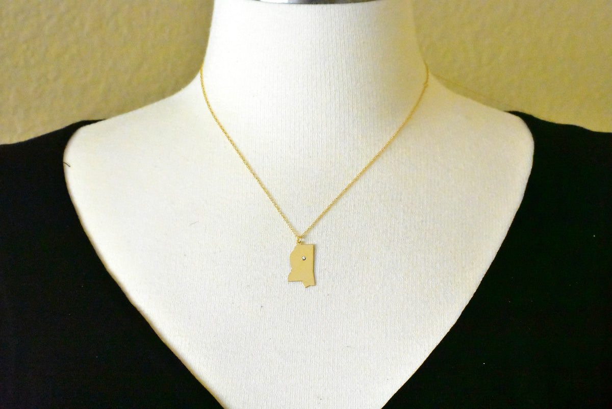 14k 10k yellow rose white gold diamond silver mississippi ms state map personalized city necklace