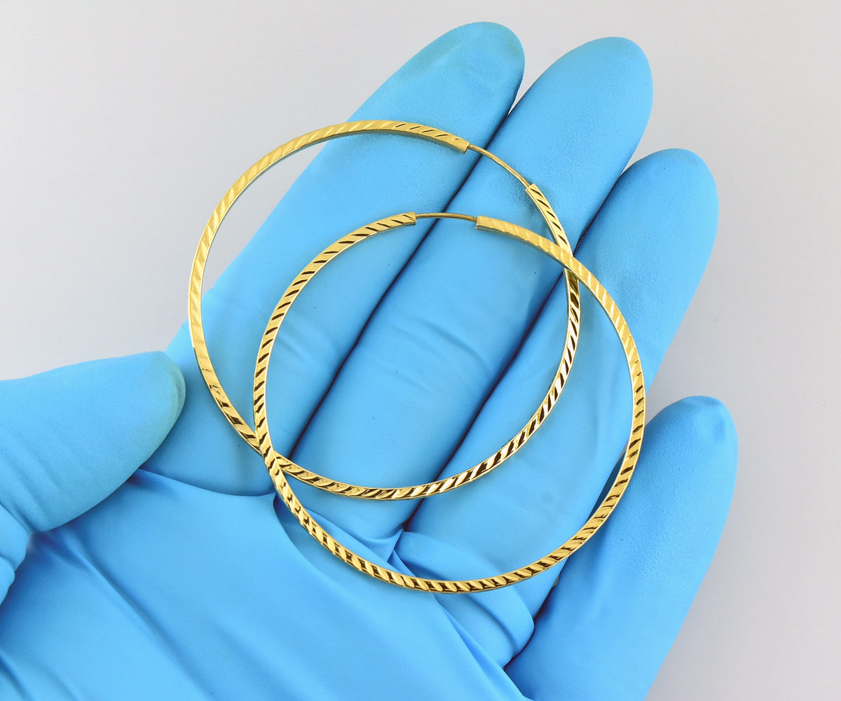 14k yellow gold diamond cut square tube round endless hoop earrings 50mm x 1.35mm