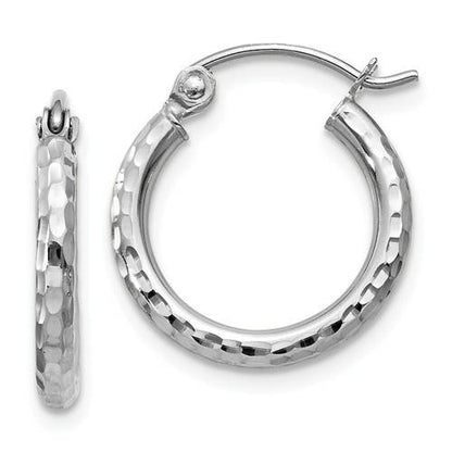 14k white gold diamond cut round hoop earrings 15mm x 2mm