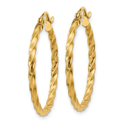 14k yellow gold twisted modern classic round hoop earrings 25mm x 2mm