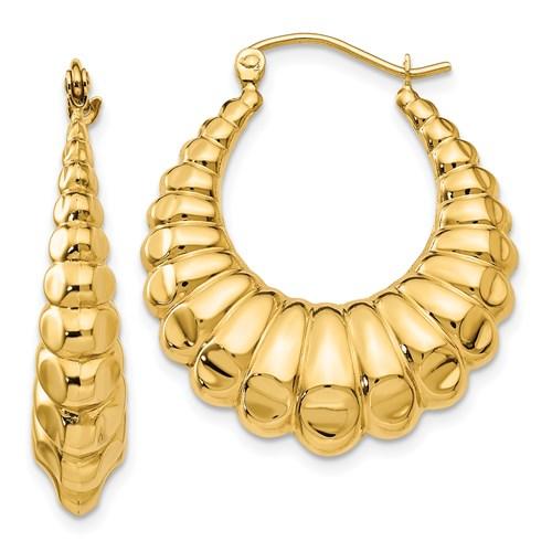 14k yellow gold shrimp scalloped hollow classic hoop earrings 25mm