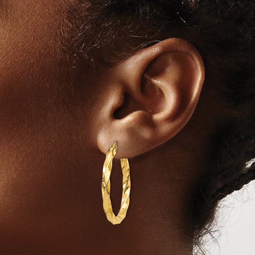 14k yellow gold twisted modern classic round hoop earrings 30mm x 3mm