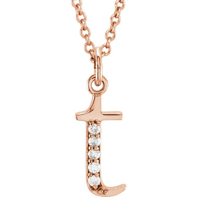 14k yellow rose white gold .025 ctw diamond tiny petite lowercase letter t initial alphabet pendant charm necklace