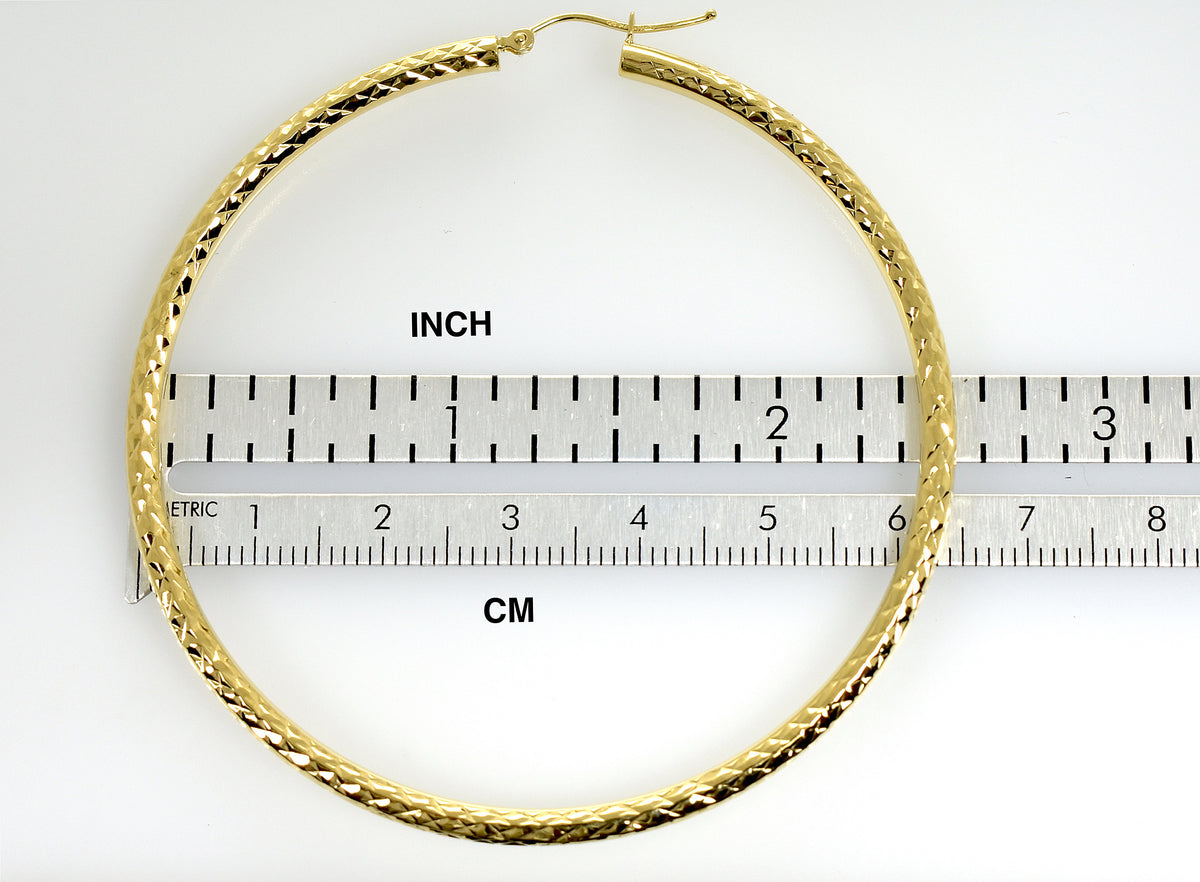 14k yellow gold 2.56 inch diameter large diamond cut round classic hoop earrings 65mm x 3mm