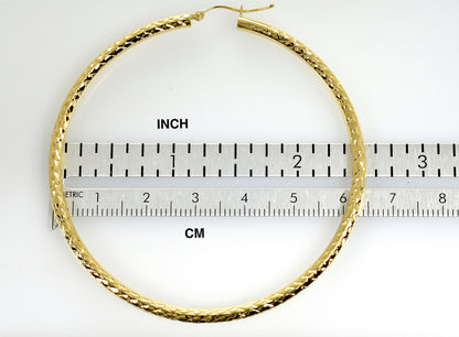 14k yellow gold 2.56 inch diameter large diamond cut round classic hoop earrings 65mm x 3mm