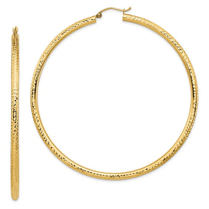 14k yellow gold 2.76 inch extra large giant gigantic diamond cut round classic hoop earrings lightweight 70mm x 3mm