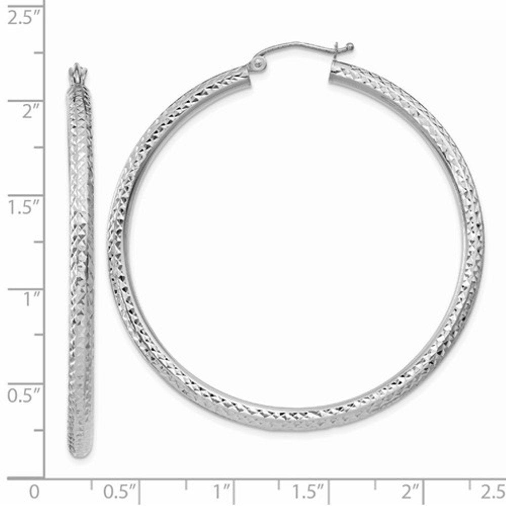 14K White Gold 1.93 inch Diameter Large Diamond Cut Round Classic Hoop Earrings 49mm x 3mm