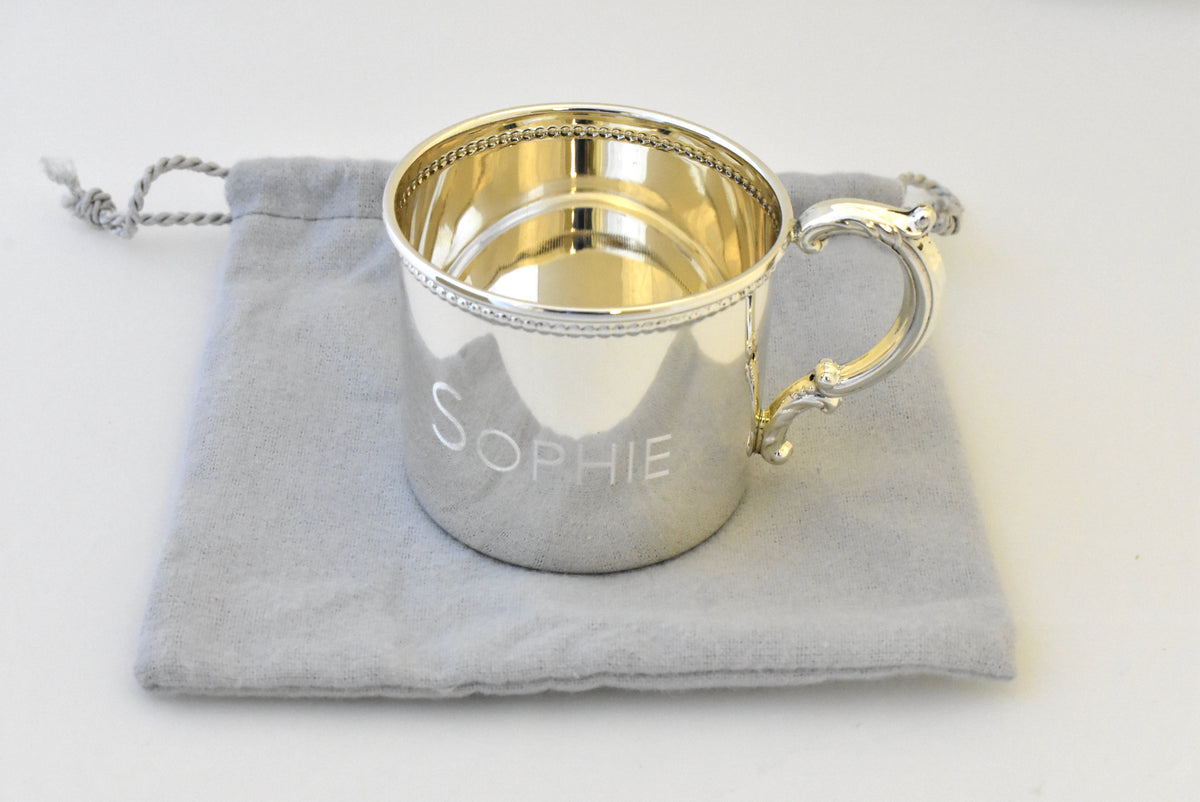 sterling silver baby or child beaded cup heirloom gift engraved personalized monogram