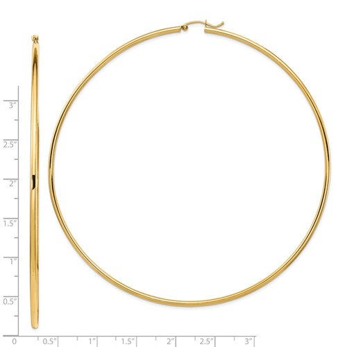 14k yellow gold extra large diameter 100mm x 2mm classic round hoop earrings 3.93 inches giant super size wide