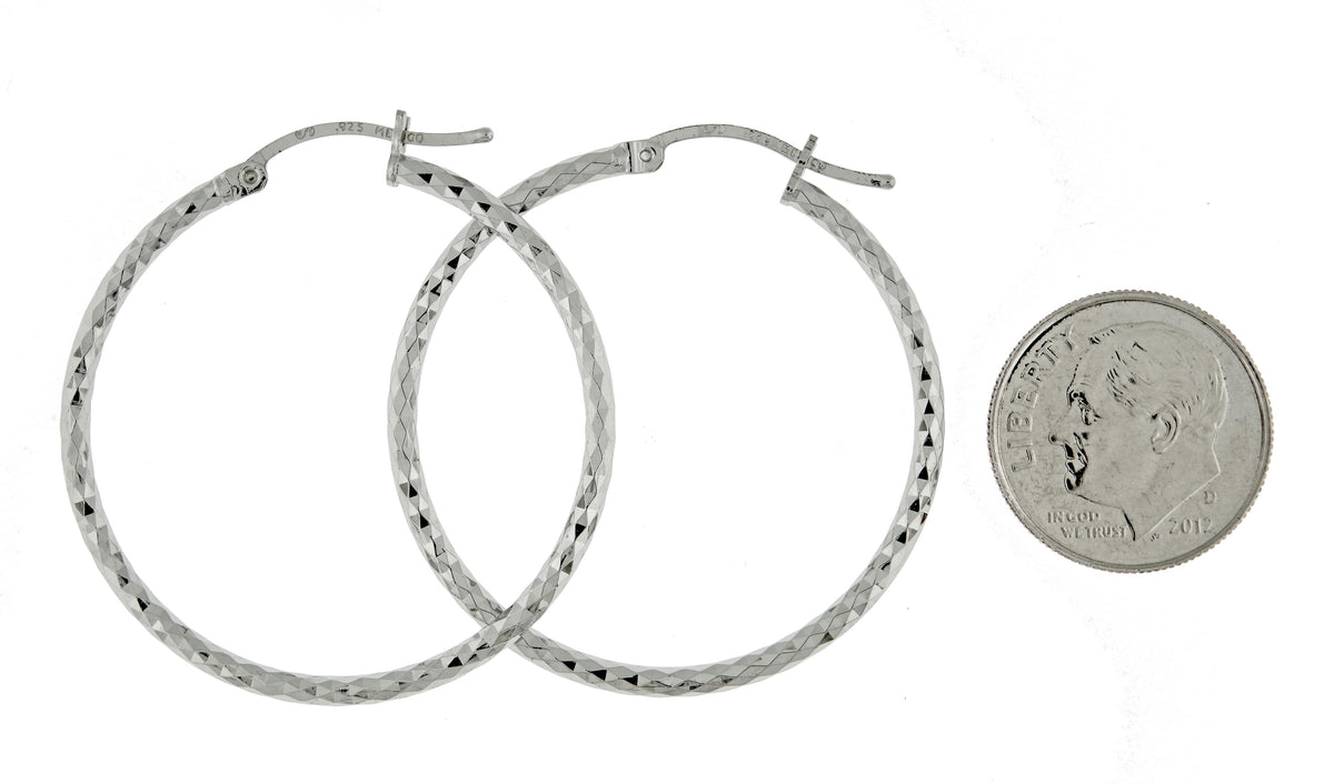 sterling silver rhodium plated diamond cut classic round hoop earrings 35mm x 2mm