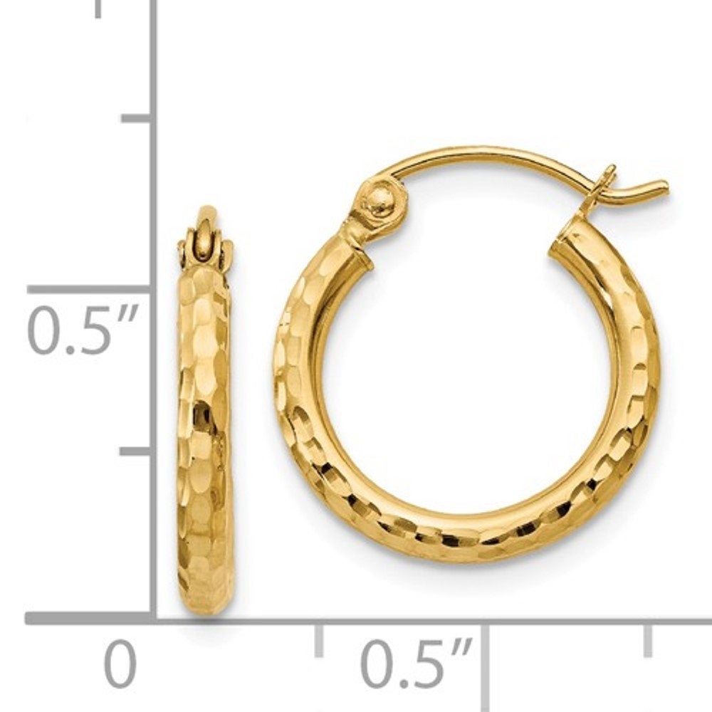 14k yellow gold diamond cut classic round hoop earrings 15mm x 2mm