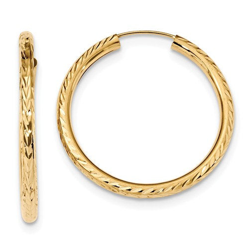 14k yellow gold diamond cut classic endless hoop earrings 28mm x 3mm