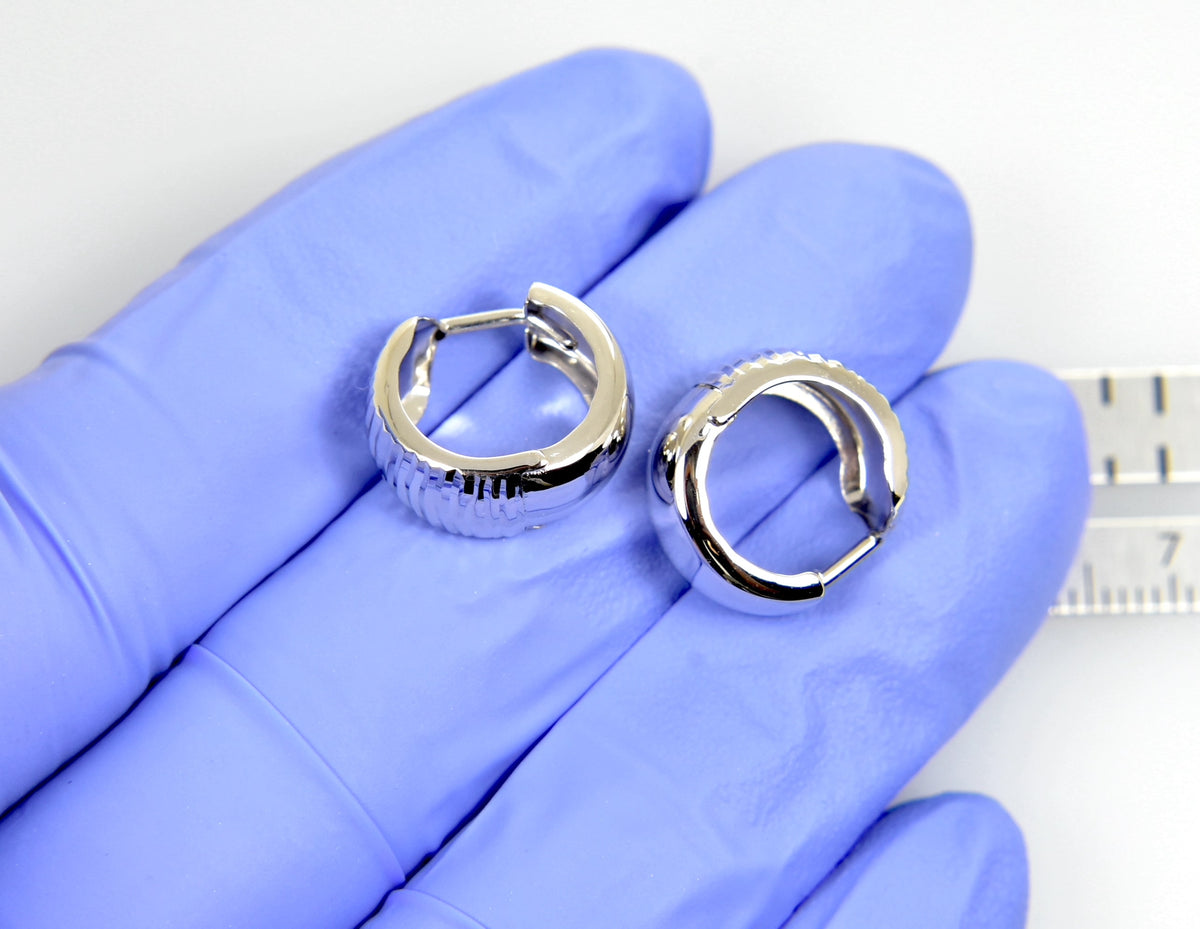 14k white gold textured huggie hinged hoop earrings 15mm x 15mm x 7mm