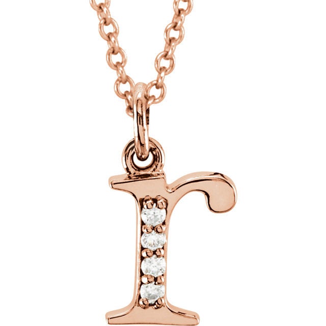 14k yellow rose white gold .025 ctw diamond tiny petite lowercase letter r initial alphabet pendant charm necklace