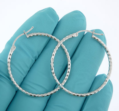 sterling silver rhodium plated diamond cut classic round hoop earrings 35mm x 2mm