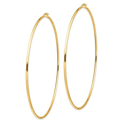 14k yellow gold extra large diameter 100mm x 2mm classic round hoop earrings 3.93 inches giant super size wide
