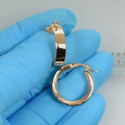 14k Rose Gold Round Square Tube Textured Inside Diamond Cut Hoop Earrings 21mm x 5.5mm