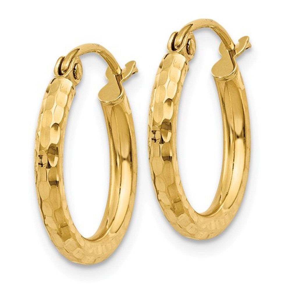 14k Yellow Gold Diamond Cut Classic Round Hoop Earrings 15mm x 2mm