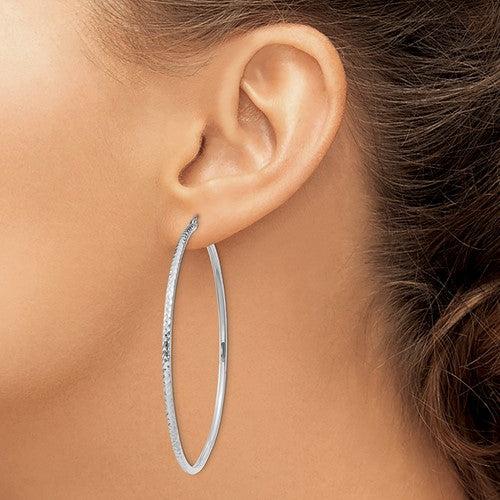 14k white gold diamond cut round hoop earrings 60mm x 2mm