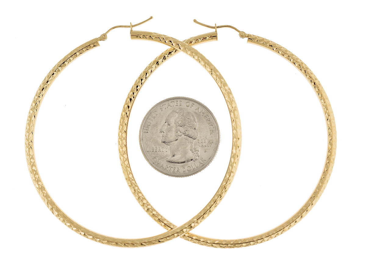 14k yellow gold 2.56 inch diameter large diamond cut round classic hoop earrings 65mm x 3mm