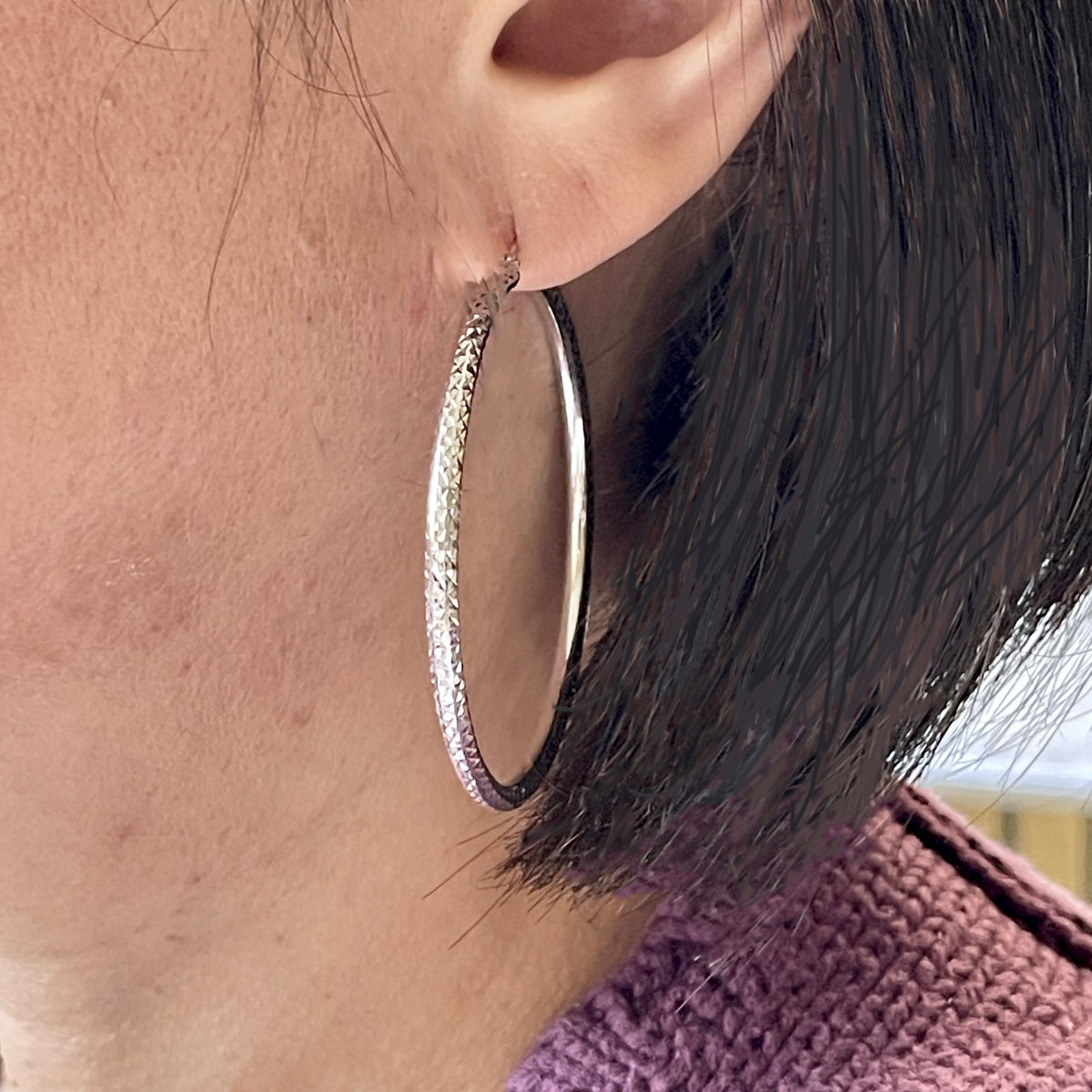 14k white gold 2.13 inch diameter large diamond cut round classic hoop earrings 54mm x 3mm