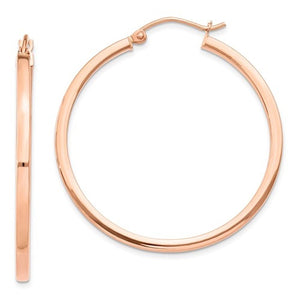 14K Rose Gold Classic Square Tube Round Hoop Earrings 35mm x 2mm