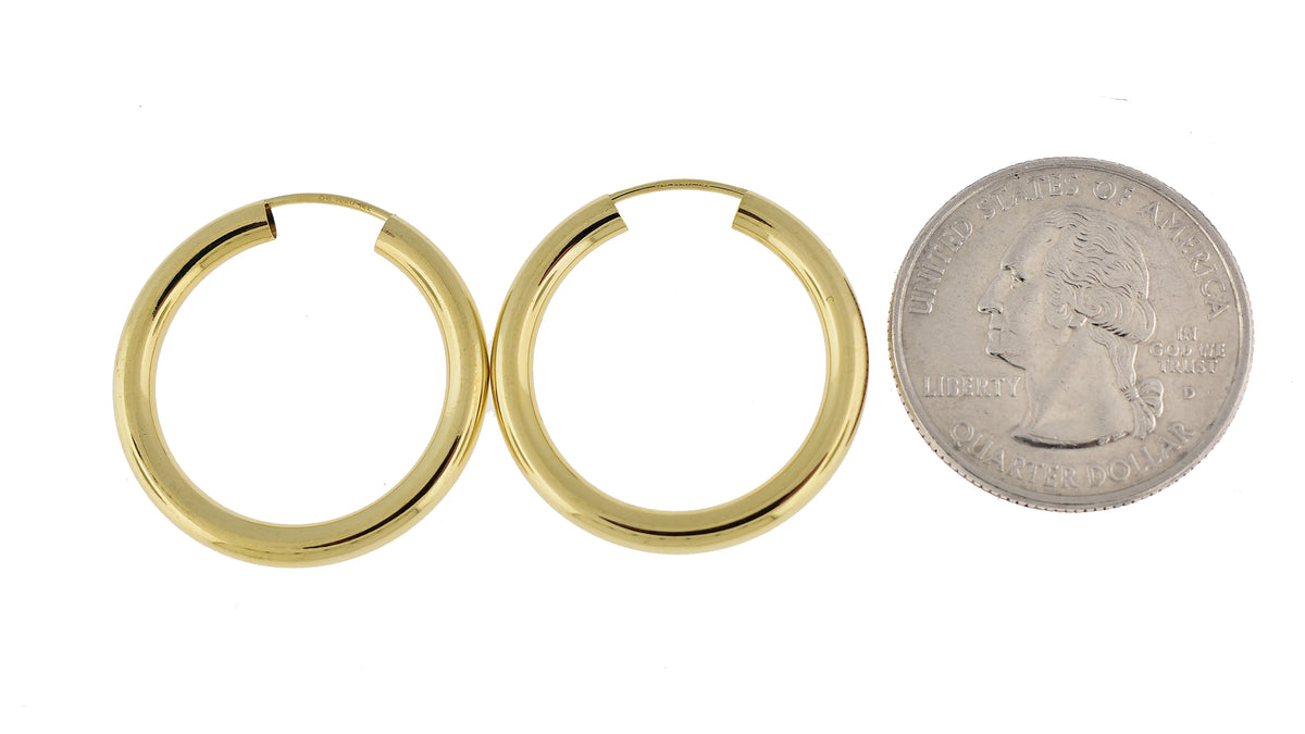 14k yellow gold round endless hoop earrings 25mm x 2.75mm