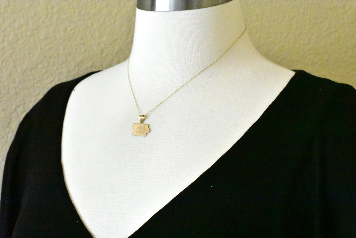14k gold or sterling silver iowa ia state map pendant charm personalized monogram