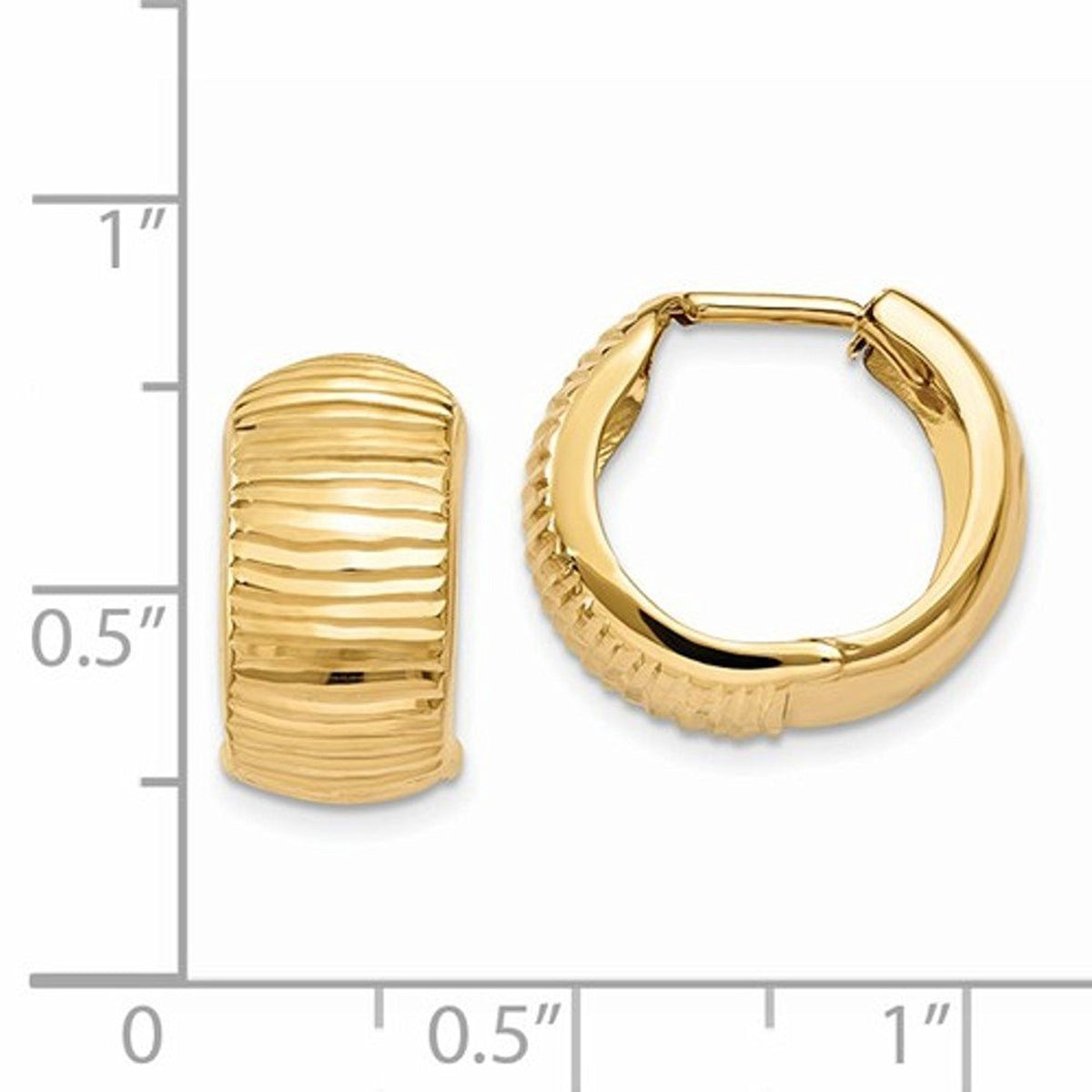 14k yellow gold textured huggie hinged hoop earrings 15mm x 15mm x 7mm