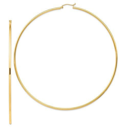 14k yellow gold 3.42 inch diameter extra large giant gigantic round classic hoop earrings 87mm x 2mm lightweight
