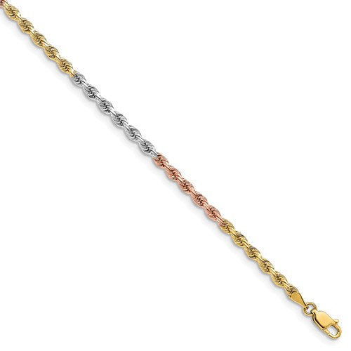 14k yellow white rose gold tri color 3mm diamond cut rope bracelet anklet choker necklace chain