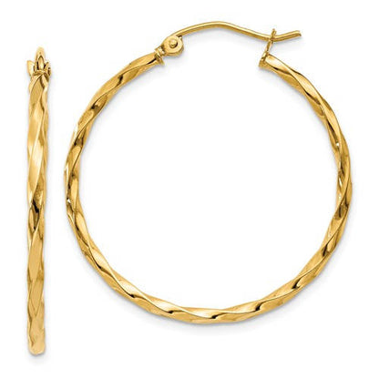 14k yellow gold twisted modern classic round hoop earrings 30mm x 2mm
