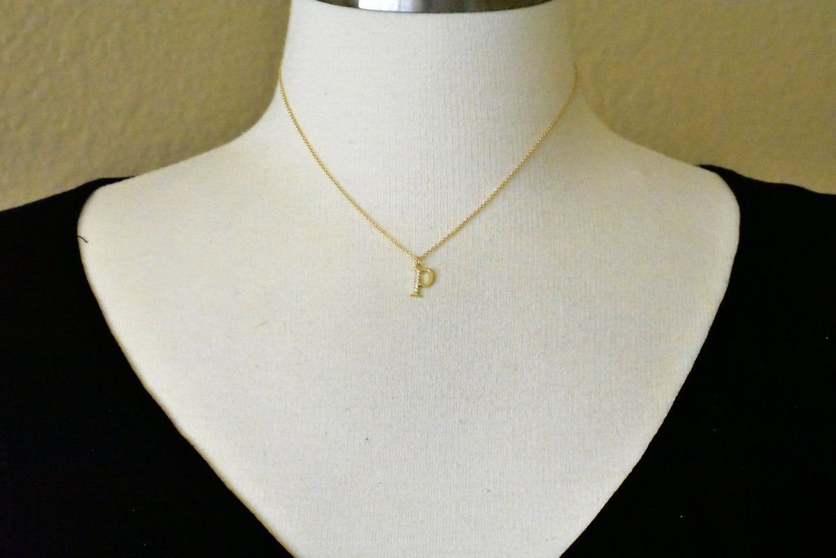 14k yellow rose white gold .04 ctw diamond tiny petite lowercase letter p initial alphabet pendant charm necklace