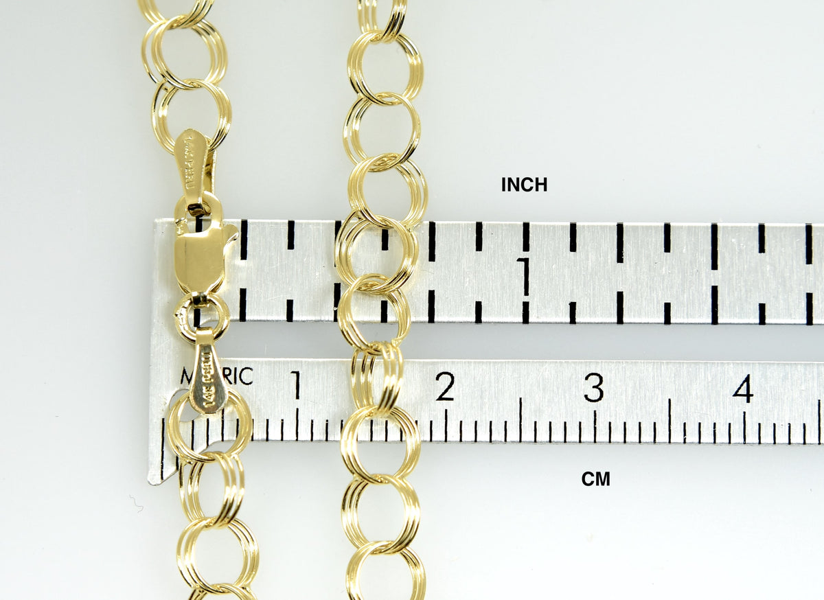 14k solid yellow gold 6mm triple link charm bracelet chain lobster clasp