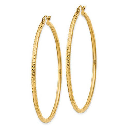 14k yellow gold diamond cut classic round hoop earrings 50mm x 2mm