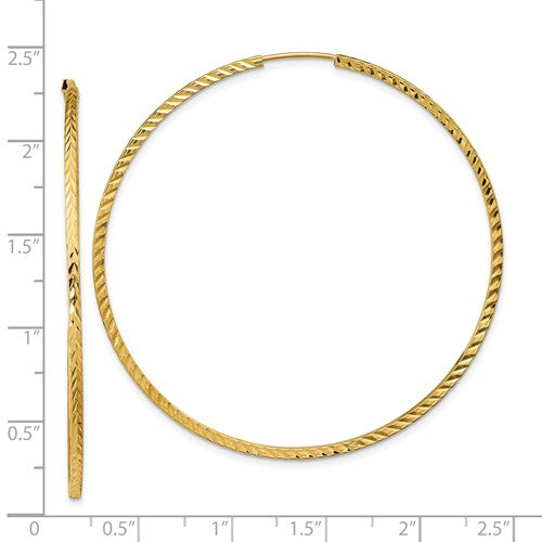 14k yellow gold diamond cut square tube round endless hoop earrings 55mm x 1.35mm