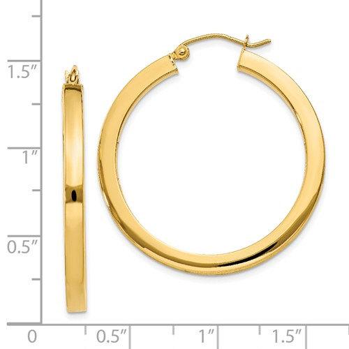14k yellow gold square tube round hoop earrings 35mm x 3mm